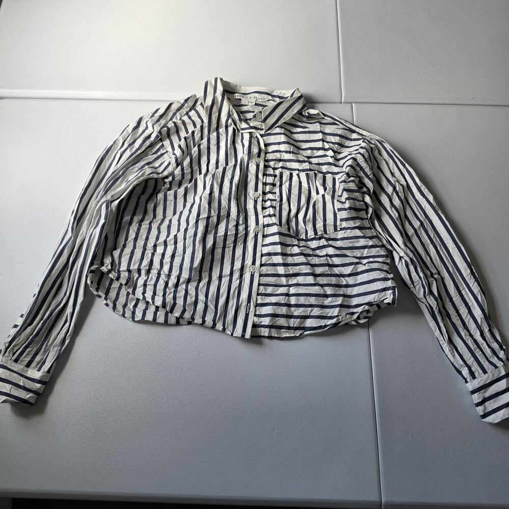 Veronica Beard Button Up Shirt Womens 4 Blue White Stripe Cotton Blend Top